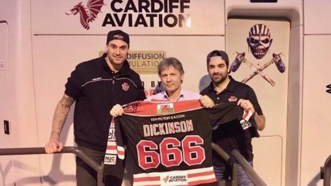 IRON MAIDEN Frontman BRUCE DICKINSON Presented With Official Cardiff Devils Hockey Jersey